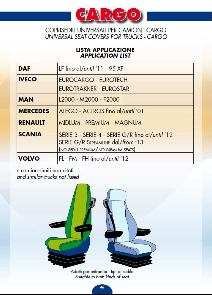 Coprisedili Universali per camion cargo universal seat covers for trucks cargo